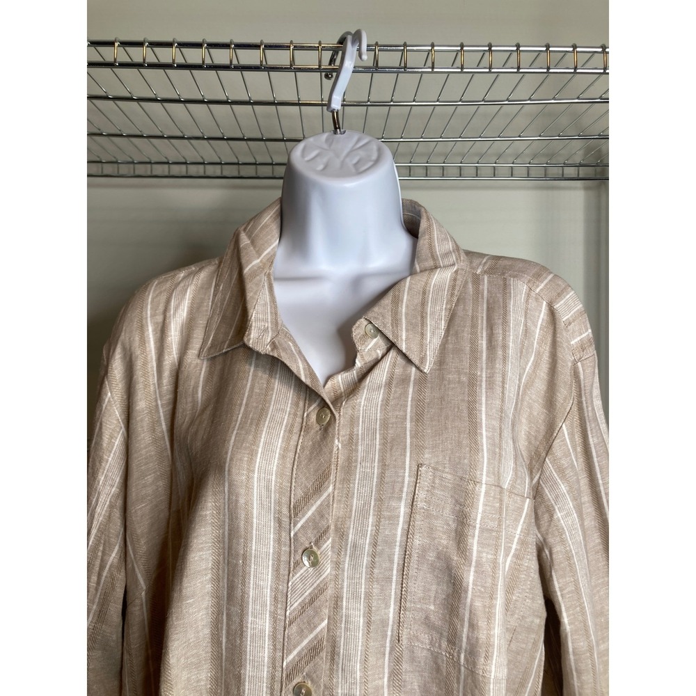 Susan Graver Womens Beige Striped Shirt Sz LP Button Up Neutral Coastal Basics - Picture 7 of 11